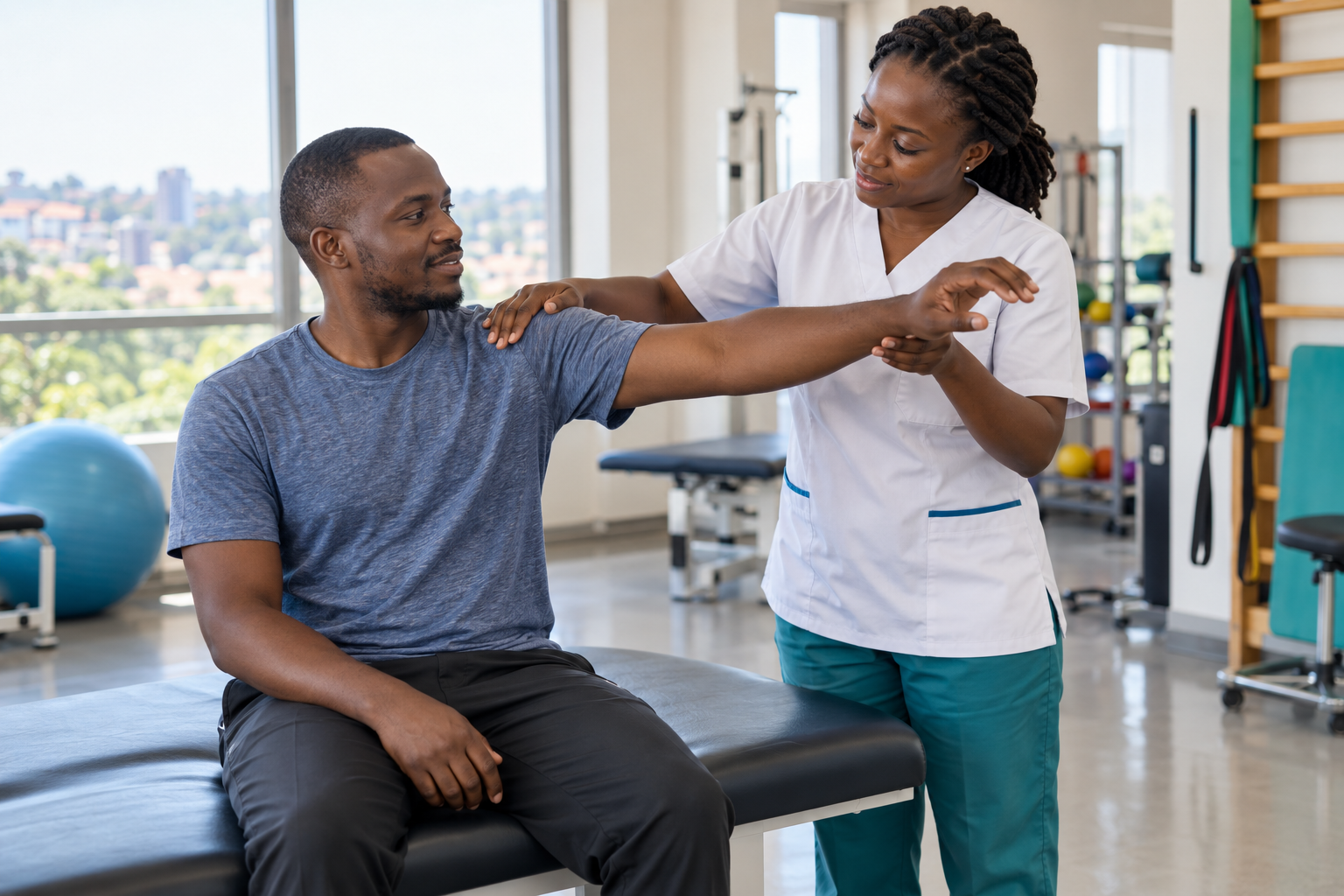 A Ugandan clinician assessing a patient's shoulder movement in a rehabilitation clinic