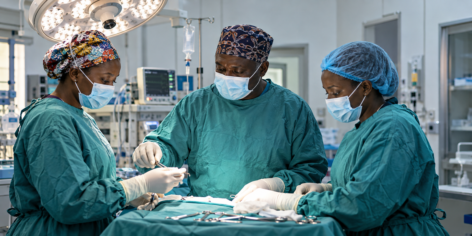 A Ugandan plastic surgery team working together in a modern hospital theatre